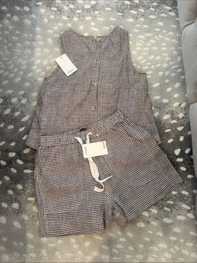 Quince Brown & White Gingham Linen Shorts and Tank Set